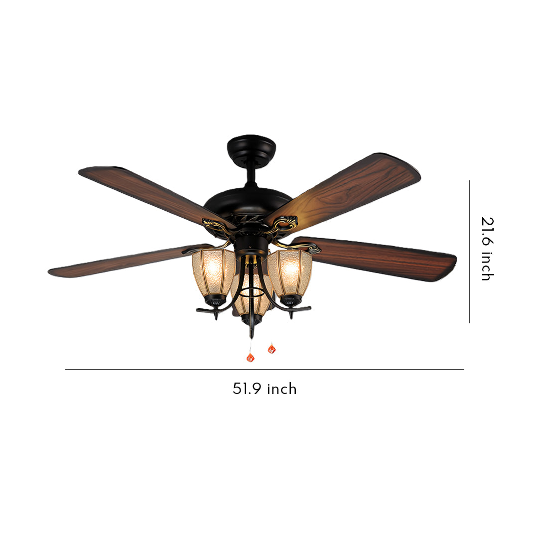 Vintage style ceiling fan with lights featuring five wooden blades and ornate chandelier with three glass shades, shown with dimension measurements.