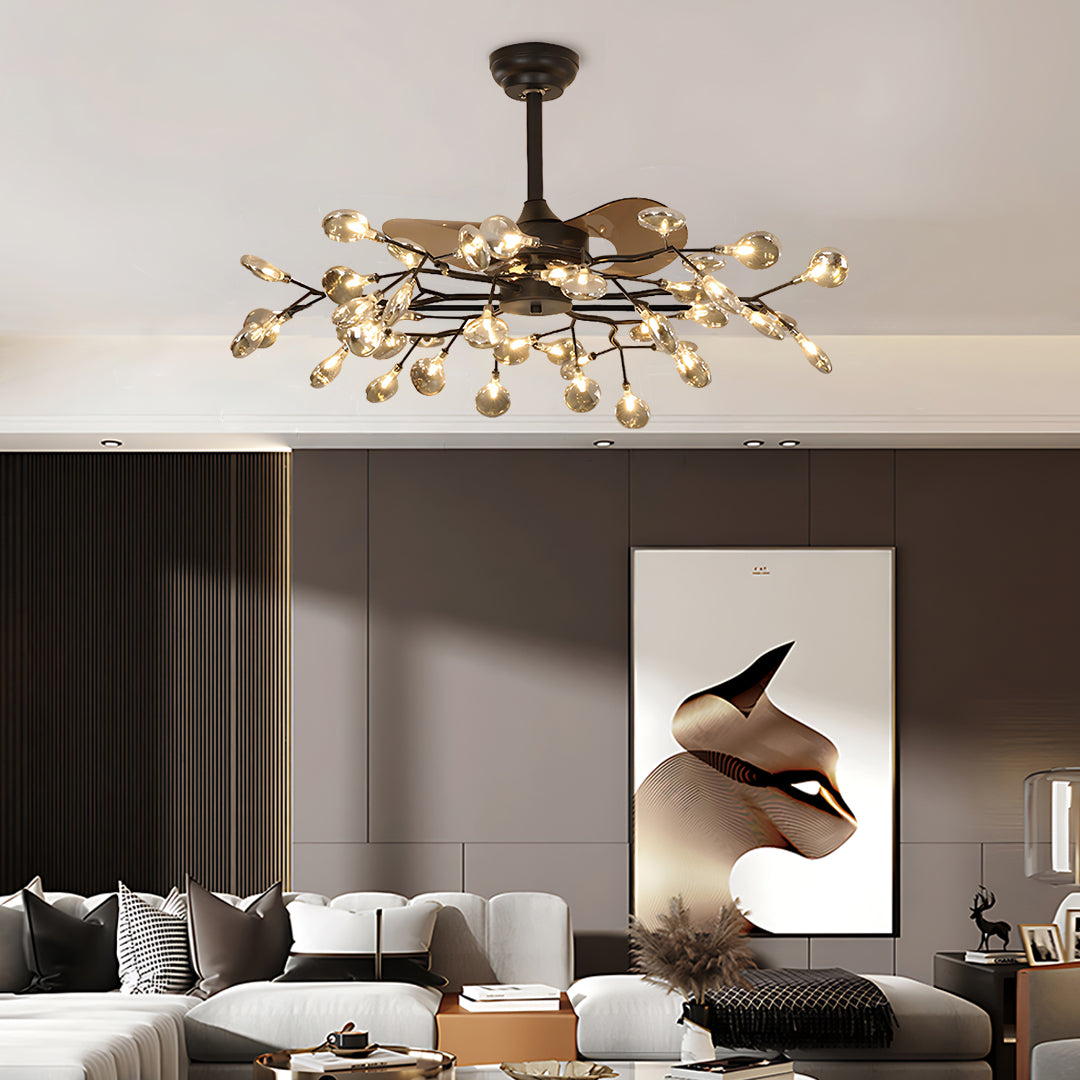 Glam ceiling fan with light in modern living area with dark accent wall and luxury furnishings