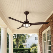Vintage ceiling fans with lights installed on a covered front porch with brick walls and white columns.