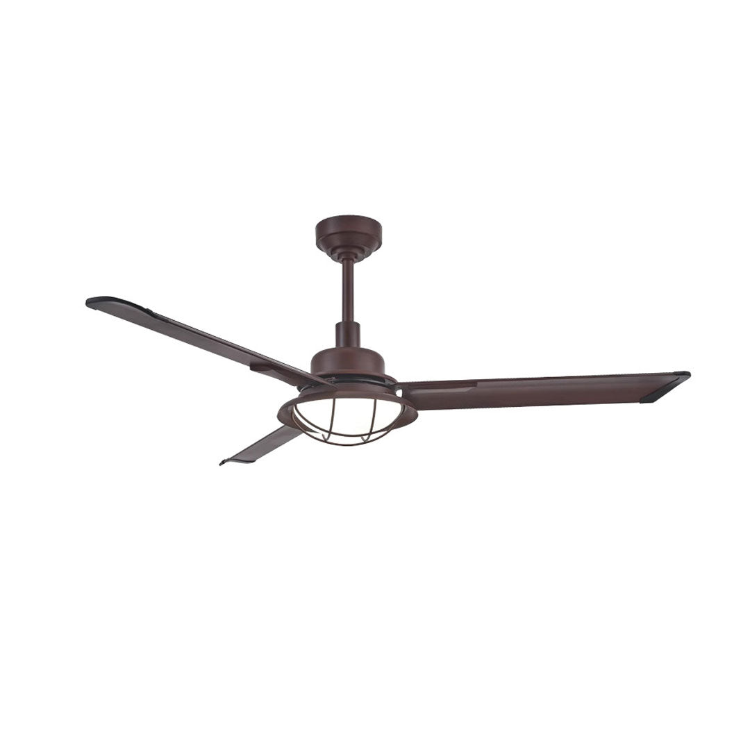 Vintage ceiling fans with lights shown in a product view with dark wood blades and a caged light kit.
