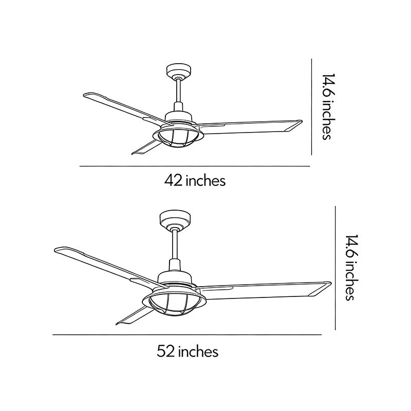 Vintage ceiling fans with lights dimension diagram showing 42-inch and 52-inch size options.