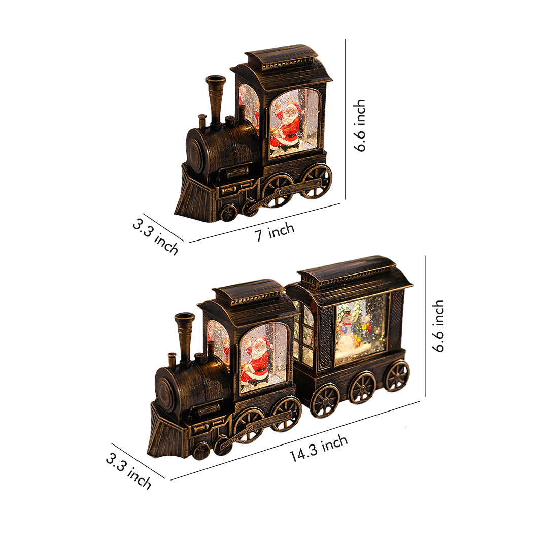 Vintage Christmas train light with illuminated cabin featuring festive Santa scene on white background.