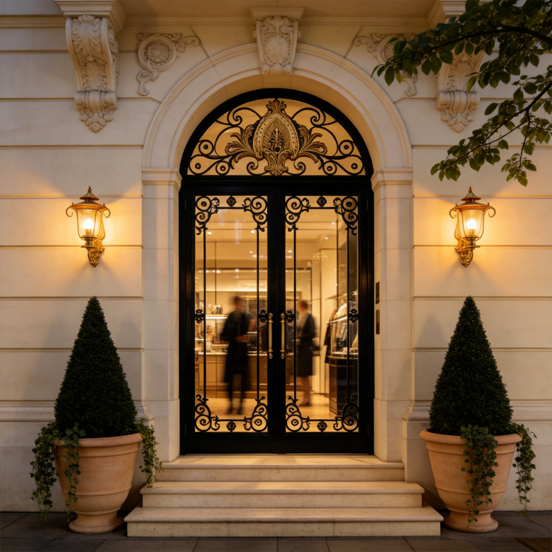 Elegant residential front entrance styled with vintage Copper Outdoor Wall Sconces and ornate iron doorway.