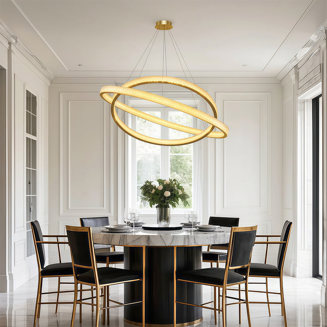 Vintage crystal chandeliers enhancing classic dining space with paneled walls