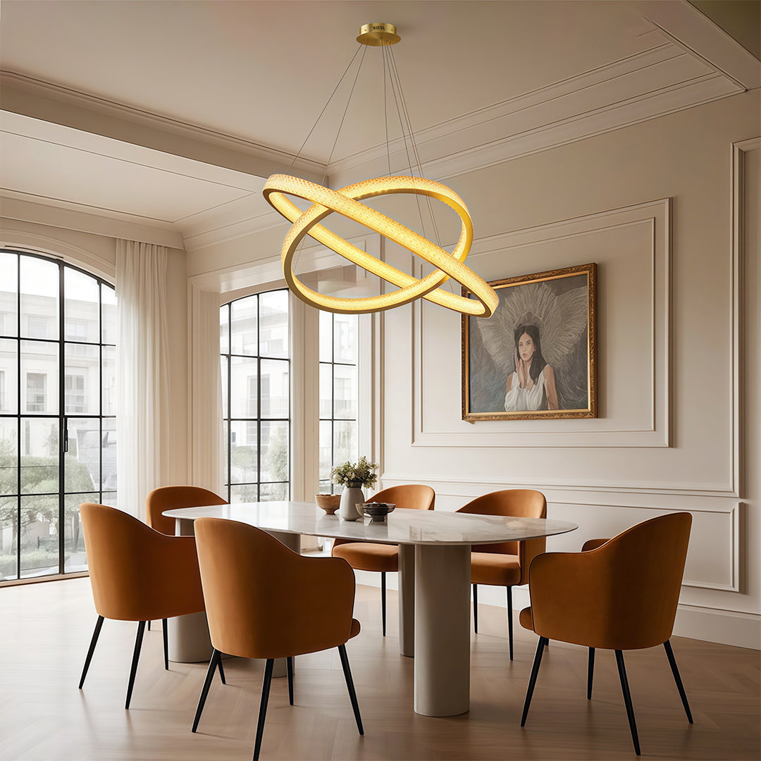 Modern luxury chandeliers creating dramatic effect in contemporary dining room