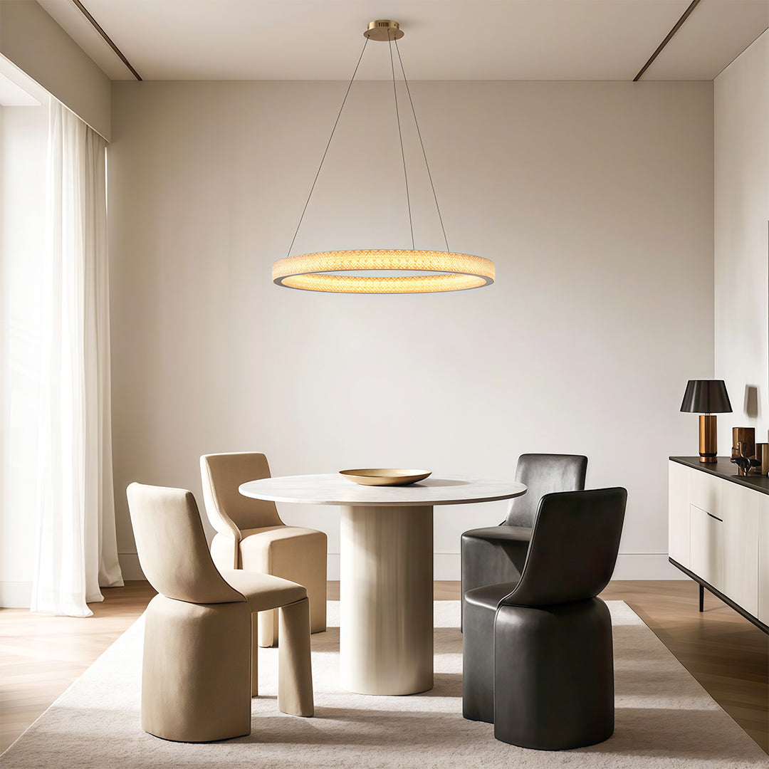 Modern luxury chandeliers creating elegant focal point in minimalist dining space