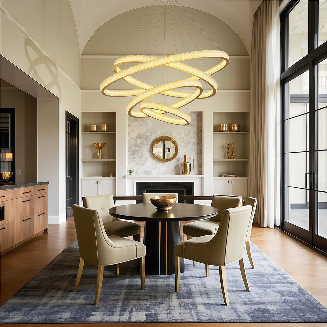 Vintage crystal chandeliers lighting luxurious dining space with patterned rug