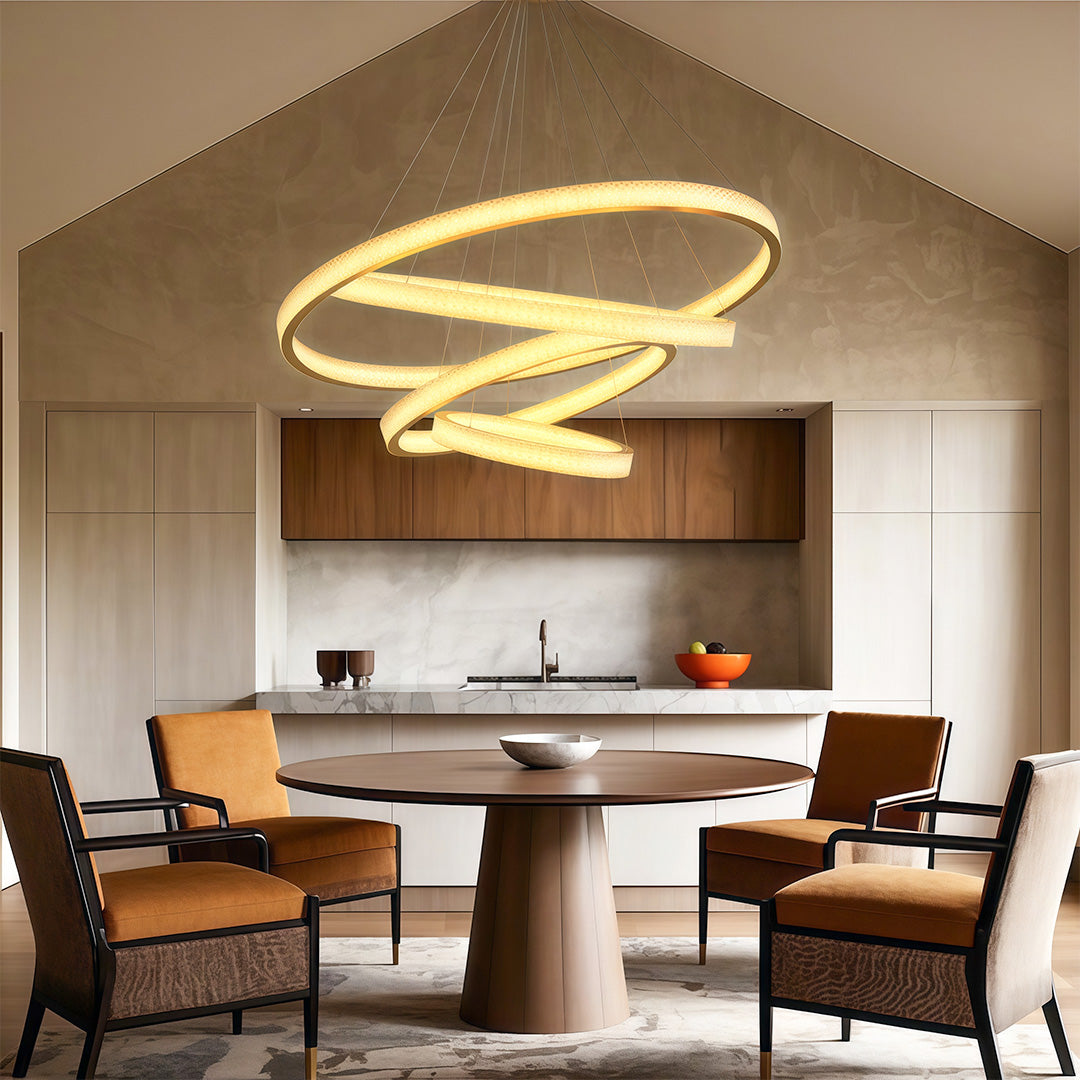 Vintage crystal chandeliers lighting sophisticated dining area with brown leather chairs