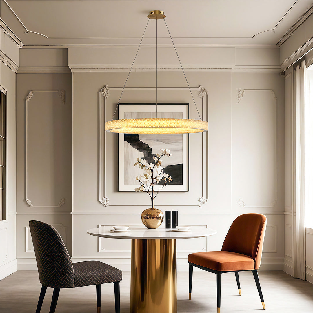 Modern luxury chandeliers enhancing sophisticated dining room with neutral palette