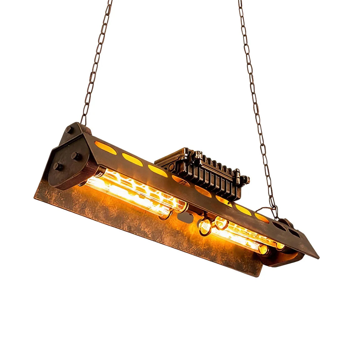 Vintage farmhouse chandelier with a long distressed metal frame, exposed bulbs, and chain suspension.