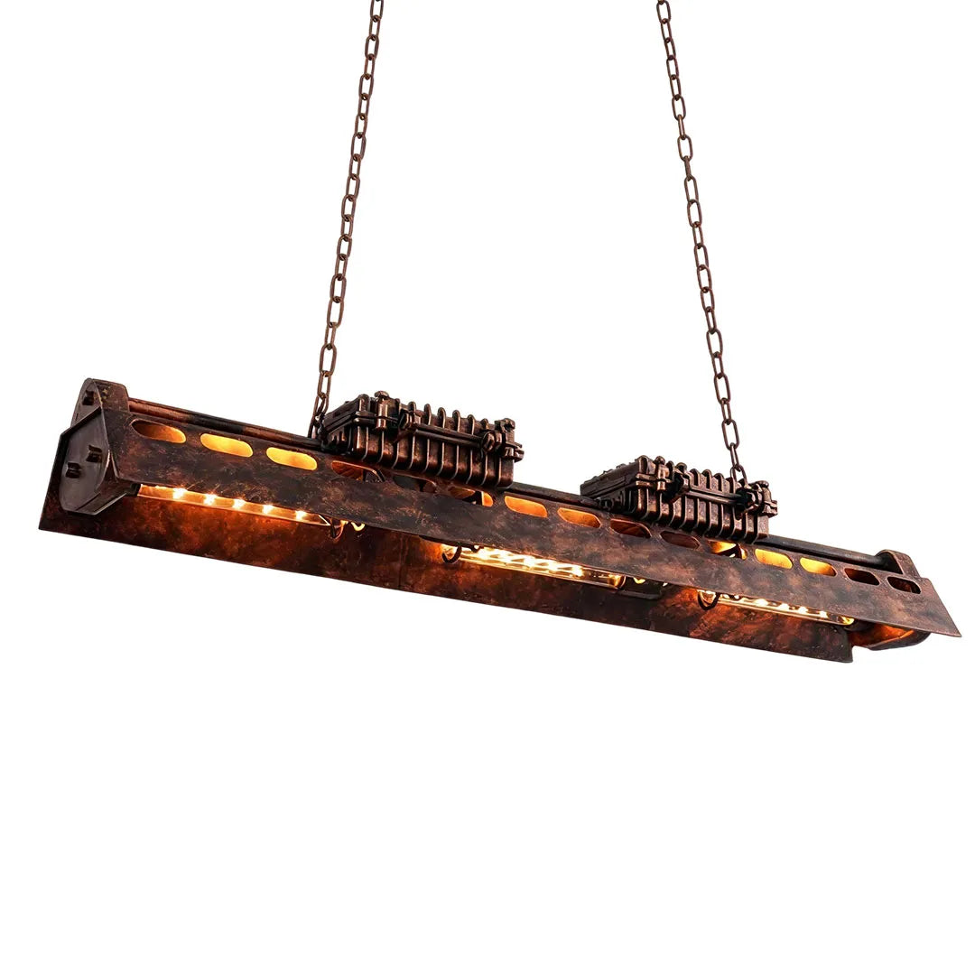 Vintage farmhouse chandelier featuring an elongated industrial frame with warm exposed bulb lighting.