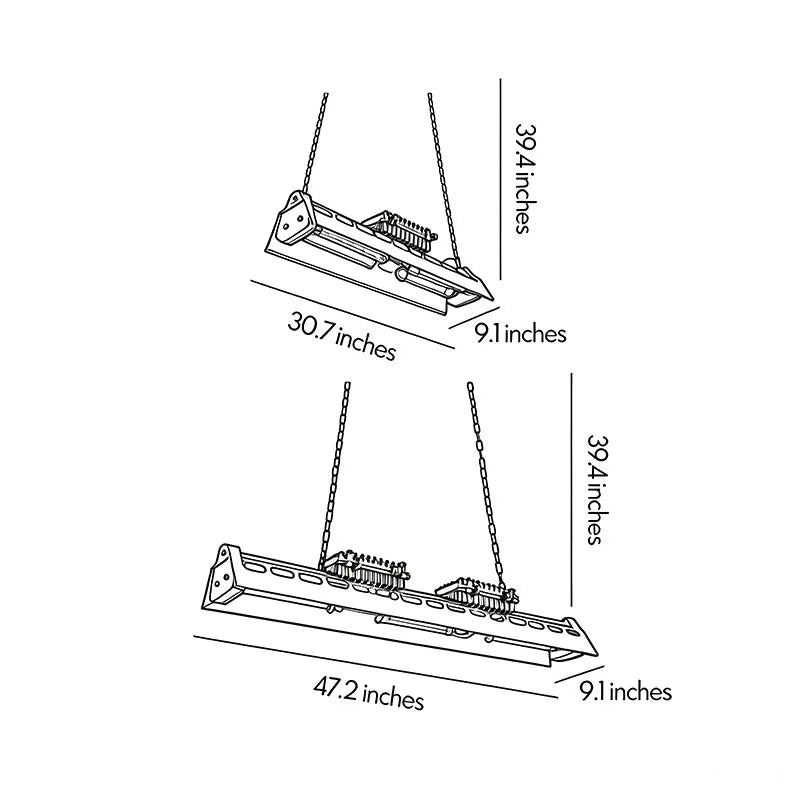 Vintage farmhouse chandelier dimensions drawing showing two fixture sizes and chain suspension measurements.