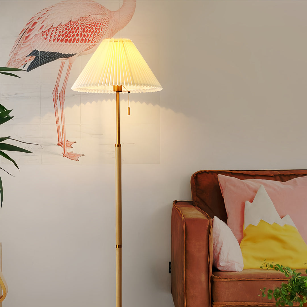 Vintage floor wood lamp adding character to stylish room with artistic decor and comfortable furnishings