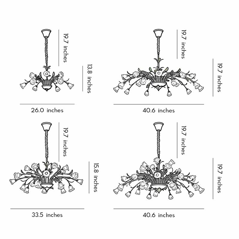 Technical diagram showing dimensions and structure of vintage floral chandelier models.