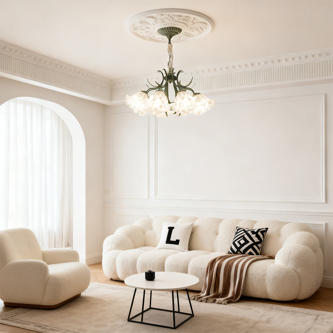 Vintage flower chandelier hanging in a cozy living room, enhancing the space with a touch of nature-inspired elegance.