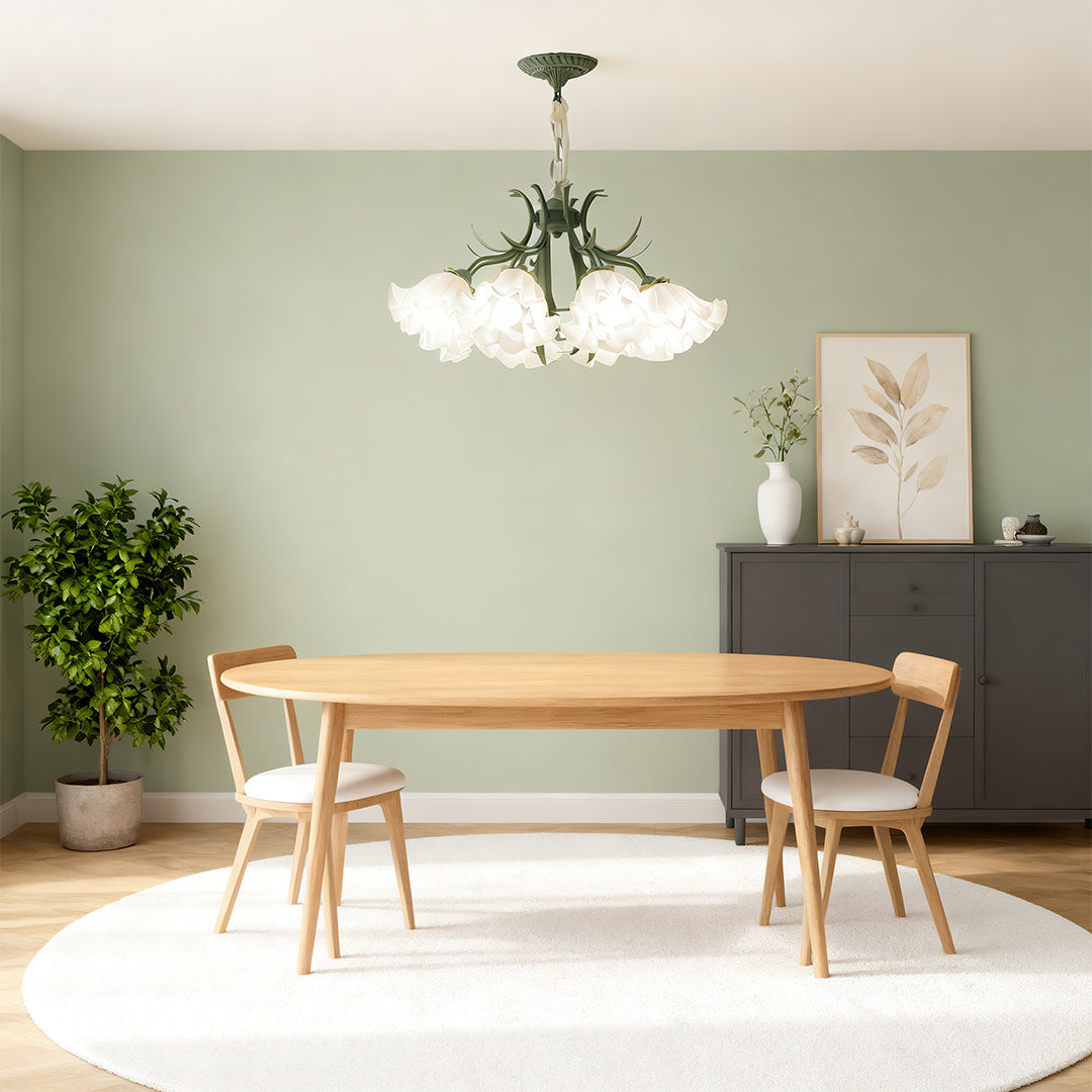 Vintage flower chandelier installed in a modern dining room, providing a stylish and warm illumination.