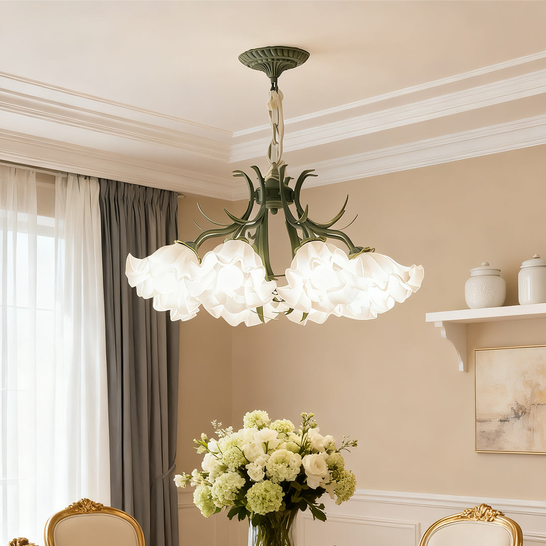 Vintage flower chandelier in a sophisticated living room, adding a classic and inviting ambiance.