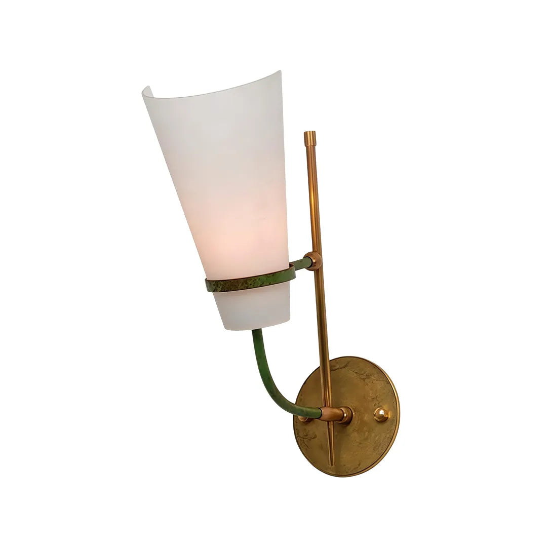 Vintage French wall lights isolated product view with a frosted glass shade and antique brass frame.