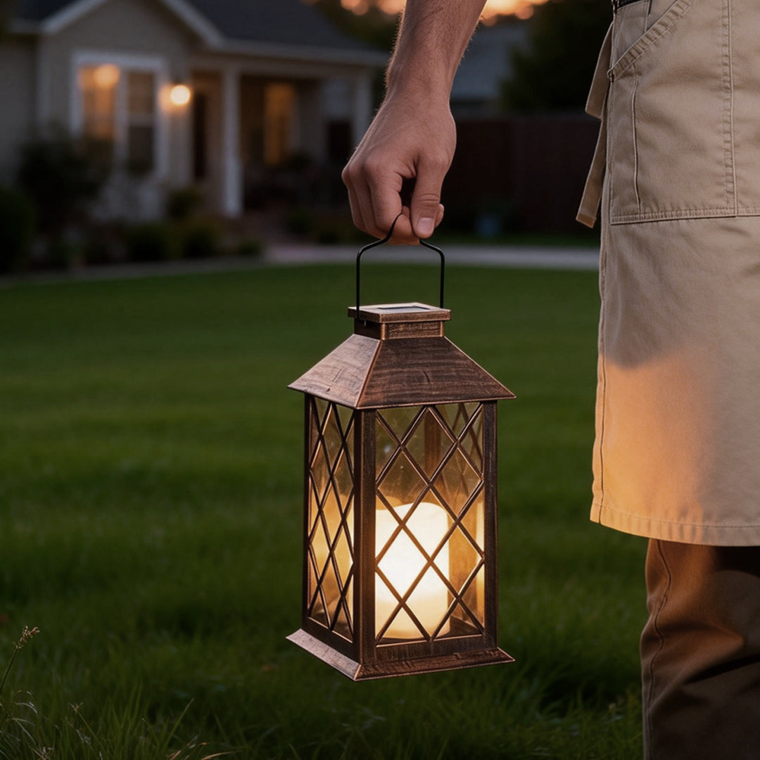 Vintage garden lanterns enhancing a garden pathway with a cozy glow.