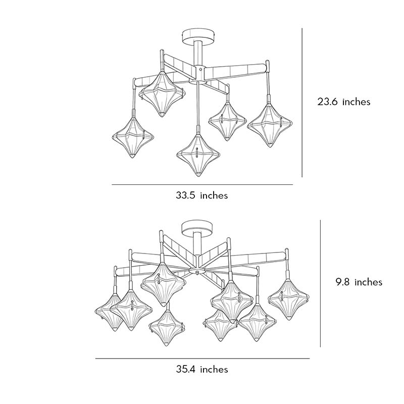 Dimension diagram of vintage gold chandelier showing height, width, and hanging specifications.
