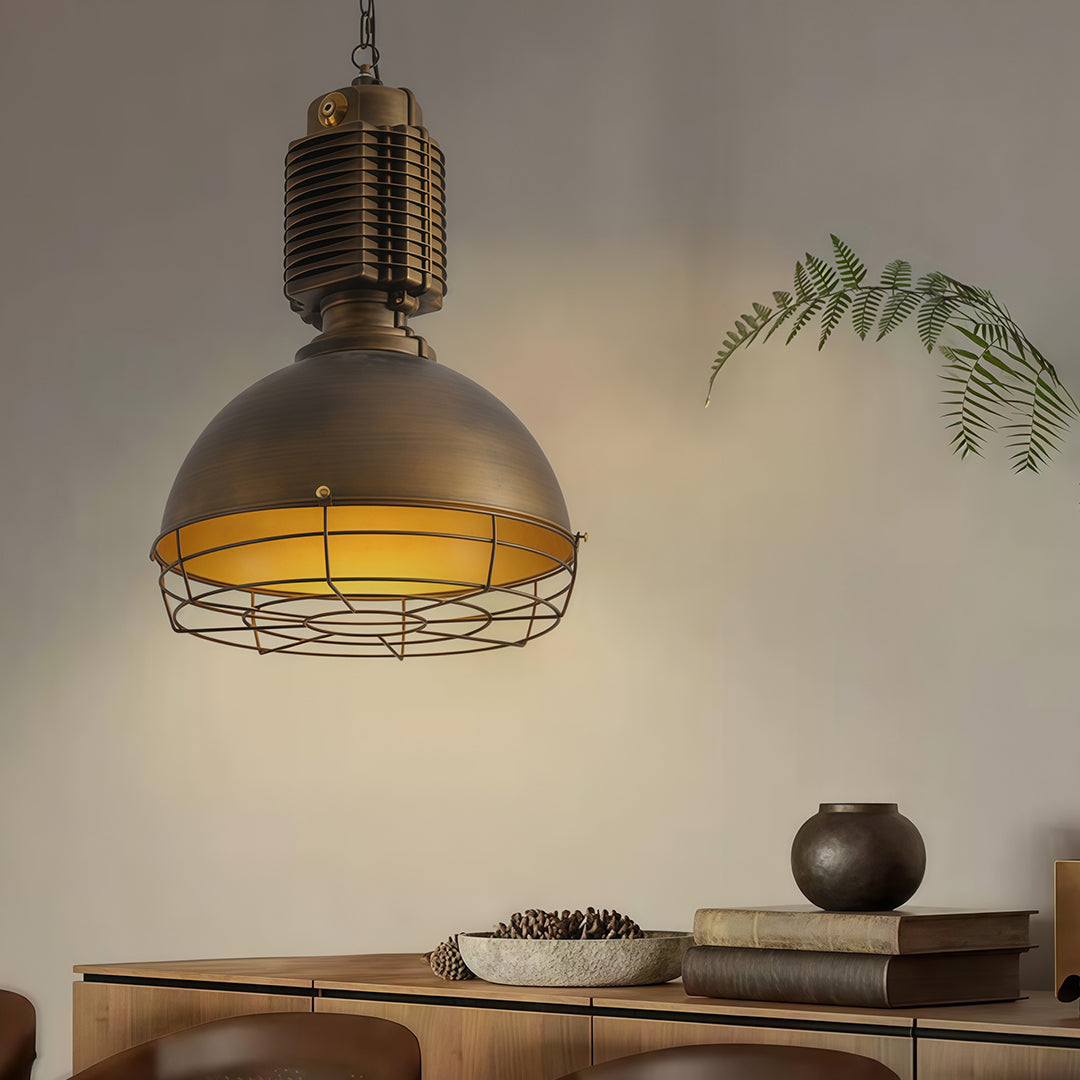 Vintage industrial pendant lighting installed above dining table creating warm ambient glow in modern interior