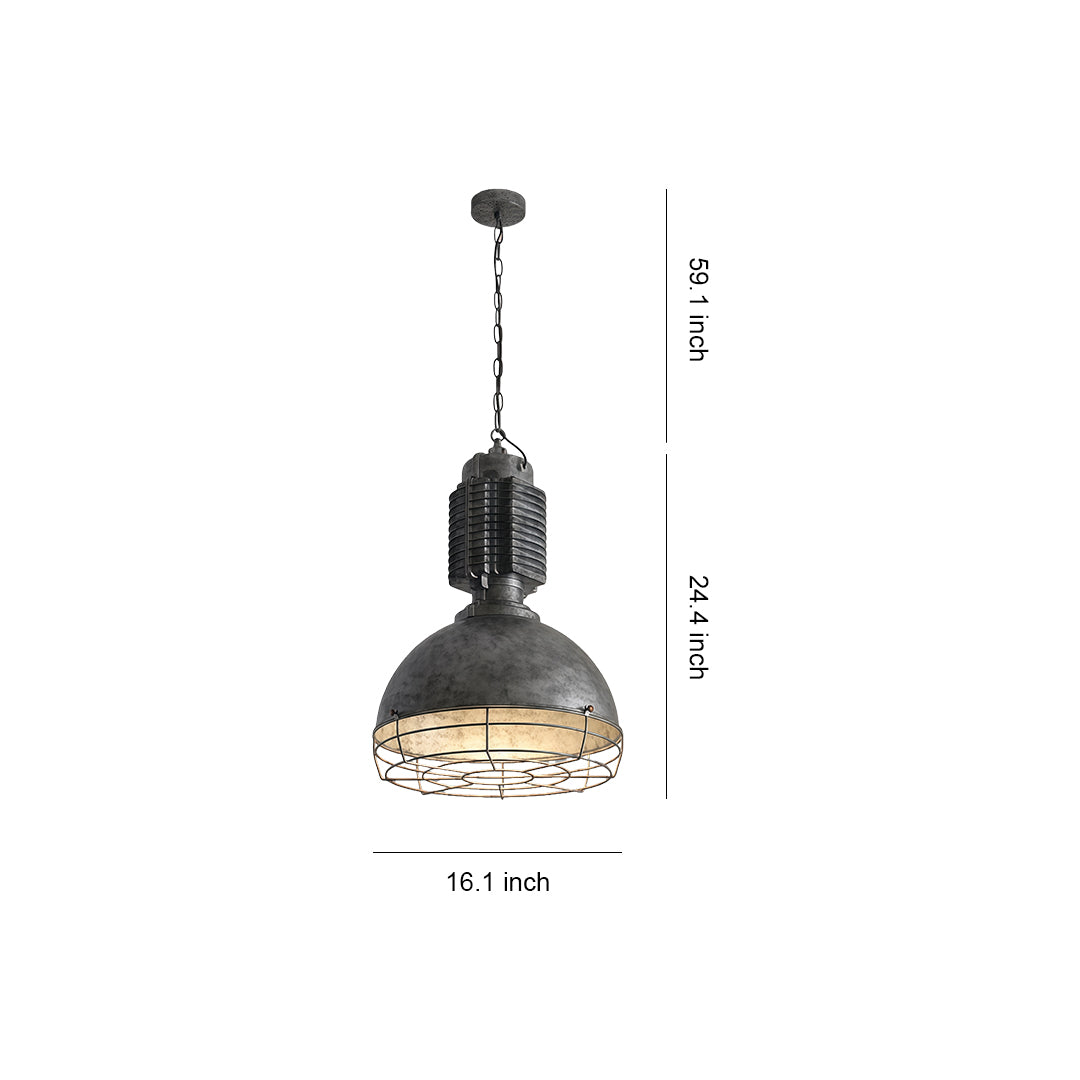 Vintage industrial pendant lighting with dome-shaped metal shade and decorative perforated cage detail in black finish