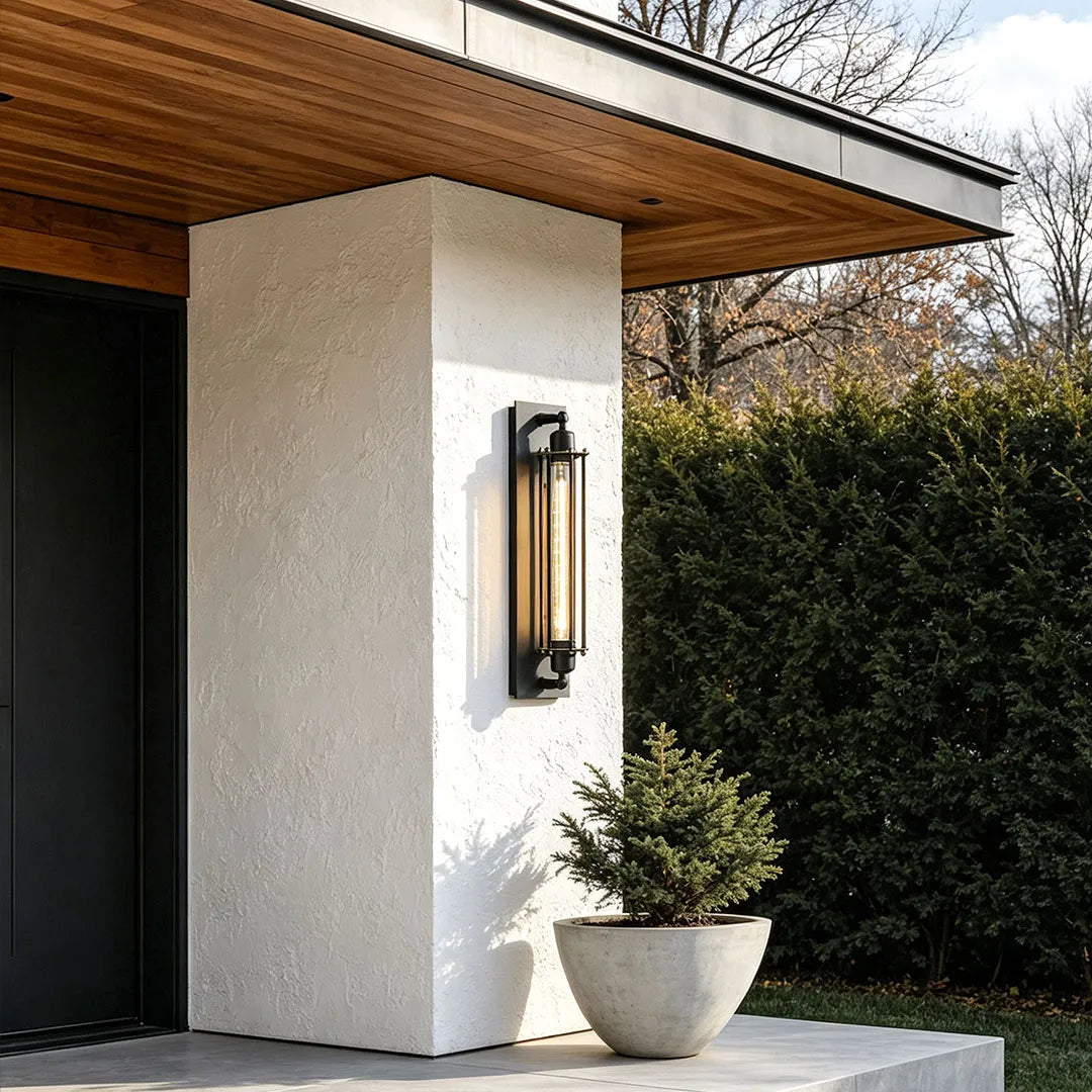 Vintage industrial wall sconce mounted on a covered exterior column beside a landscaped patio area.