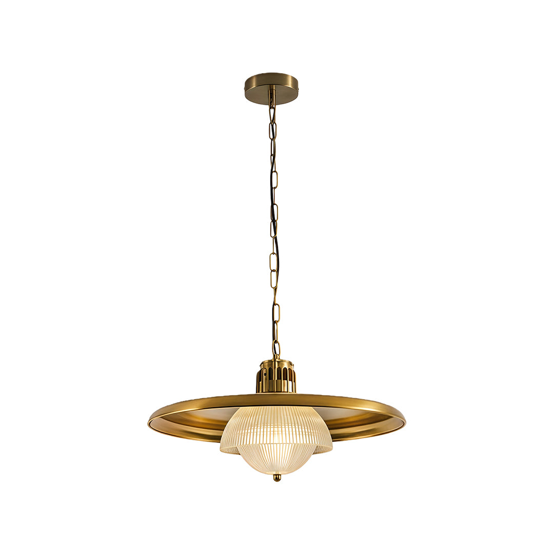 Vintage iron pendant light fixture featuring ornate brass canopy with textured glass bowl shade design