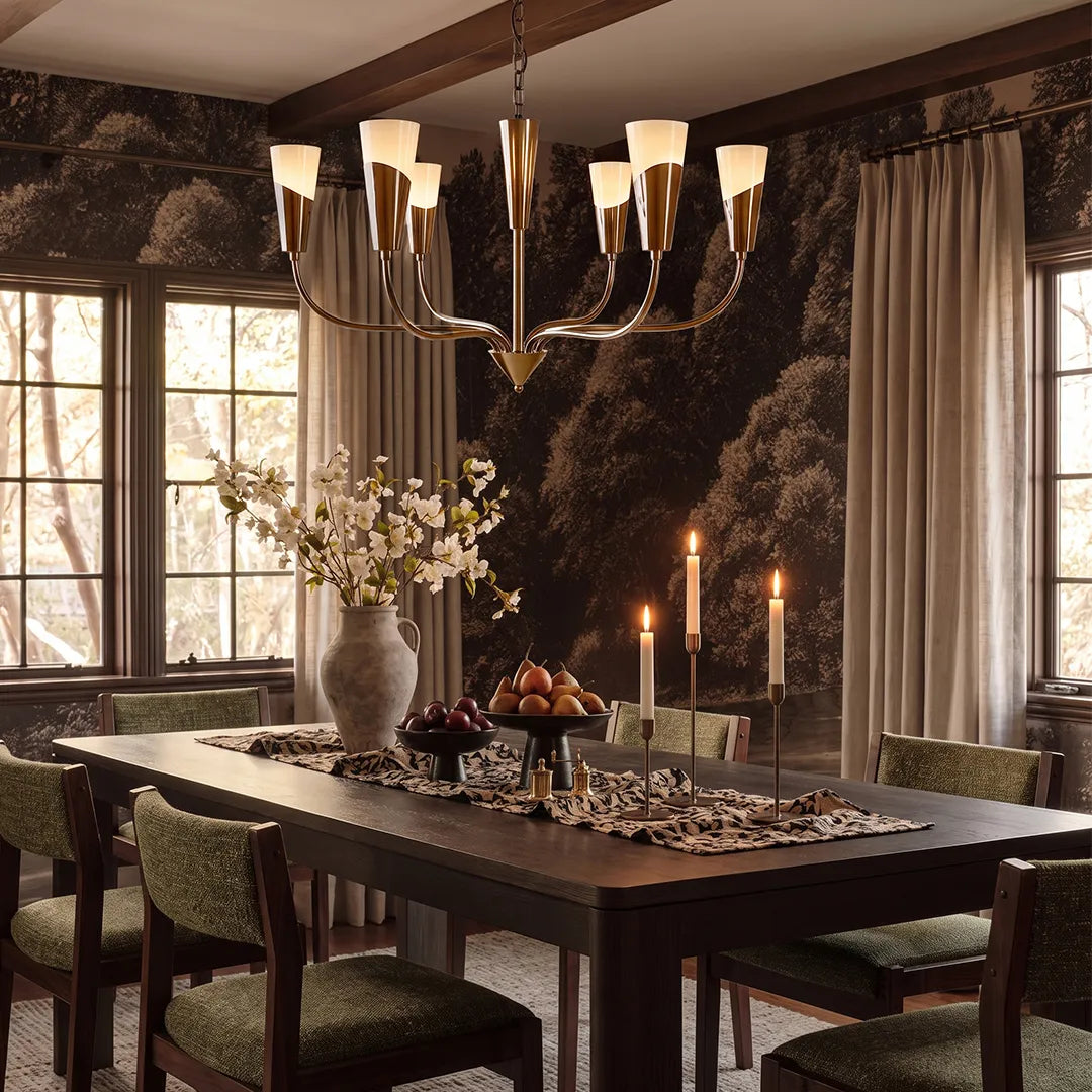 Vintage Italian chandelier illuminating an elegant dining room with dark walls and classic furnishings.