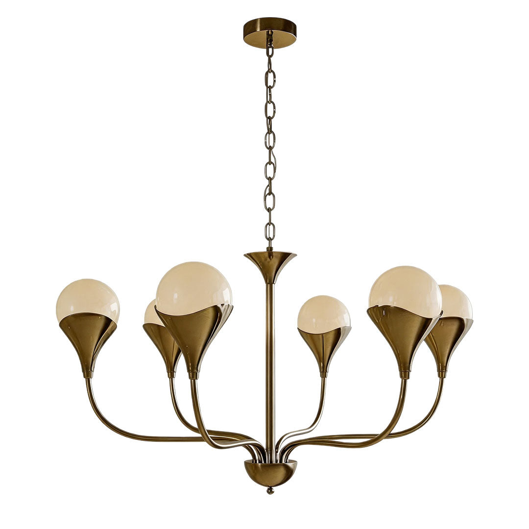 Vintage Italian chandelier with curved brass arms and six frosted globe shades.
