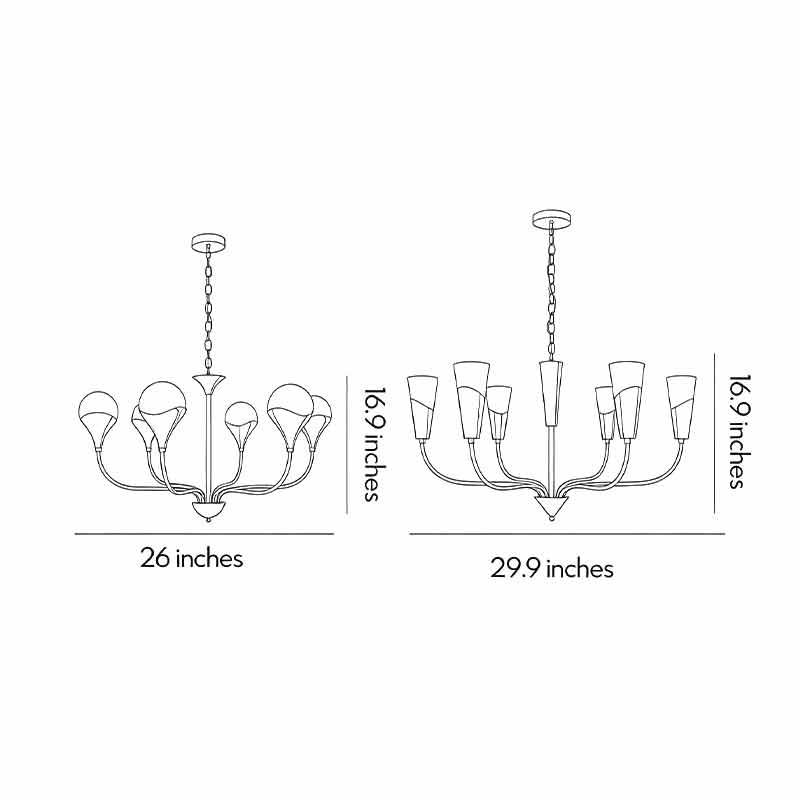 Vintage Italian chandelier dimension diagram showing two shade styles and overall fixture measurements.