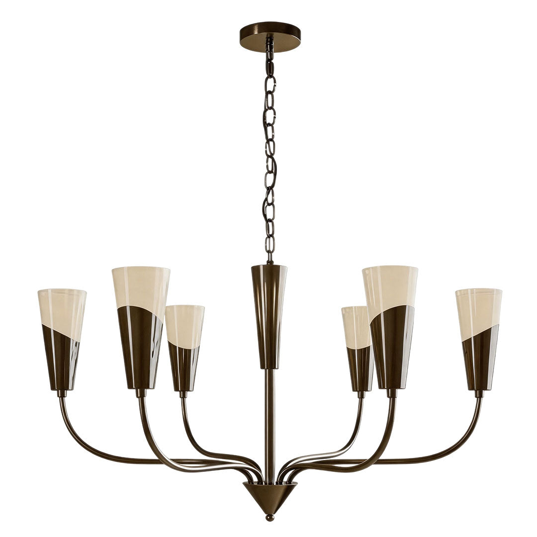 Vintage Italian chandelier with six curved brass arms and tapered frosted glass shades.