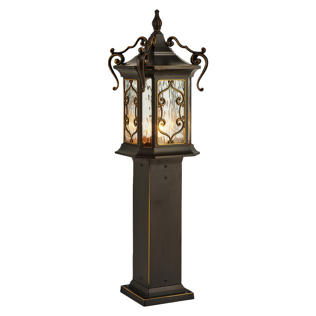 Vintage landscape post lights with decorative lantern head and sturdy base for exterior spaces.