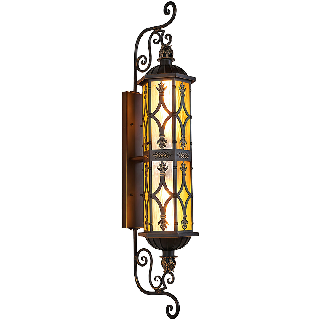 LED outdoor wall light fixture with vintage detailing, providing ambient lighting on a house exterior.