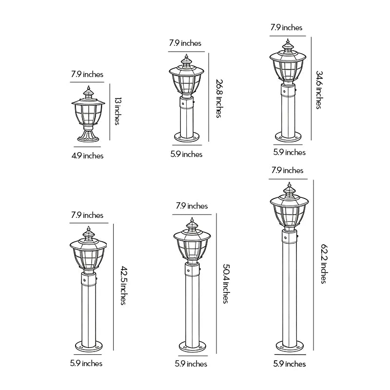 Vintage outdoor bollard light size guide showing six available height and width options