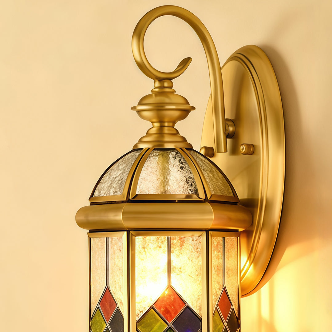 Detailed view of vintage Outdoor Lantern Wall Lights featuring ornate brass frame and textured glass panels.