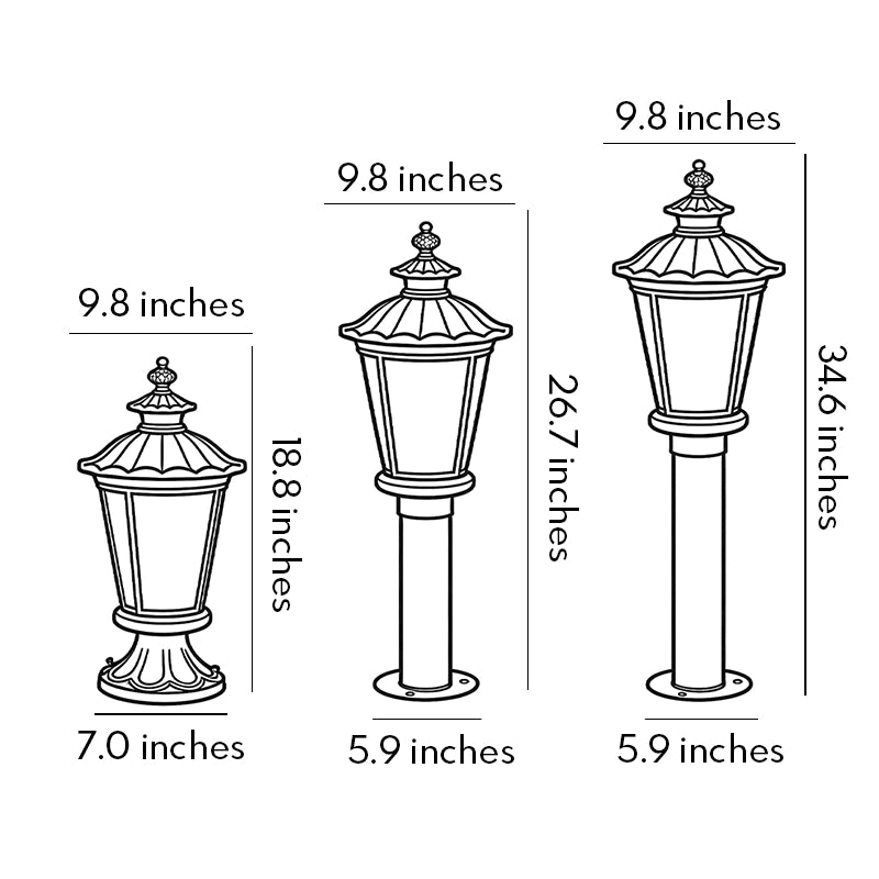 Vintage outdoor pillar and bollard light size guide showing three height options