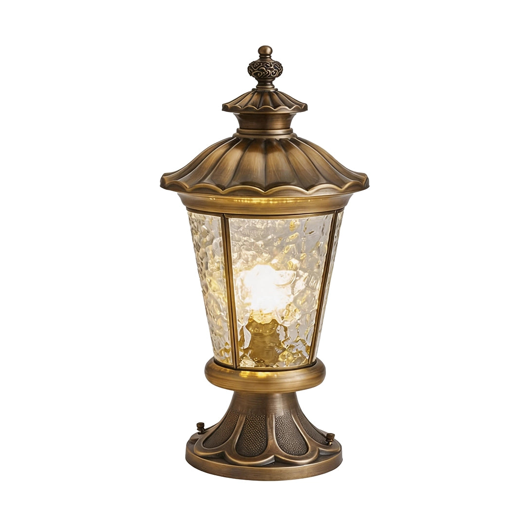 Vintage outdoor pillar lantern with antique brass frame and textured glass