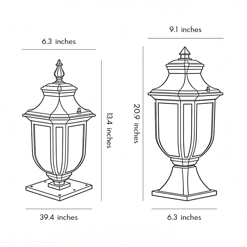 Technical size chart for a vintage outdoor pillar lantern showing 20.9 inch height dimensions.