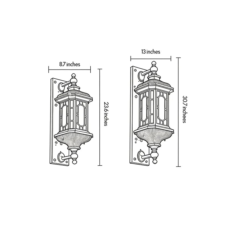 Vintage outdoor wall lantern dimension drawing showing fixture height, width, and mounting size.