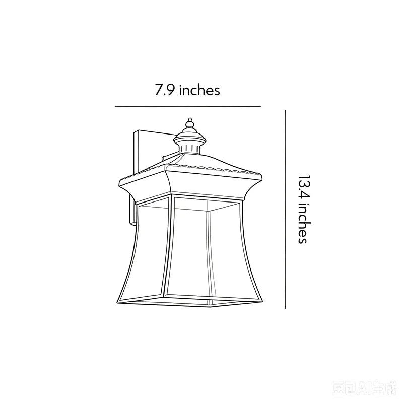 Vintage outdoor wall lantern size diagram showing 13.4 inch height and 7.9 inch width