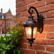 Vintage outdoor wall sconce casting warm glow on red brick wall near green plant foliage