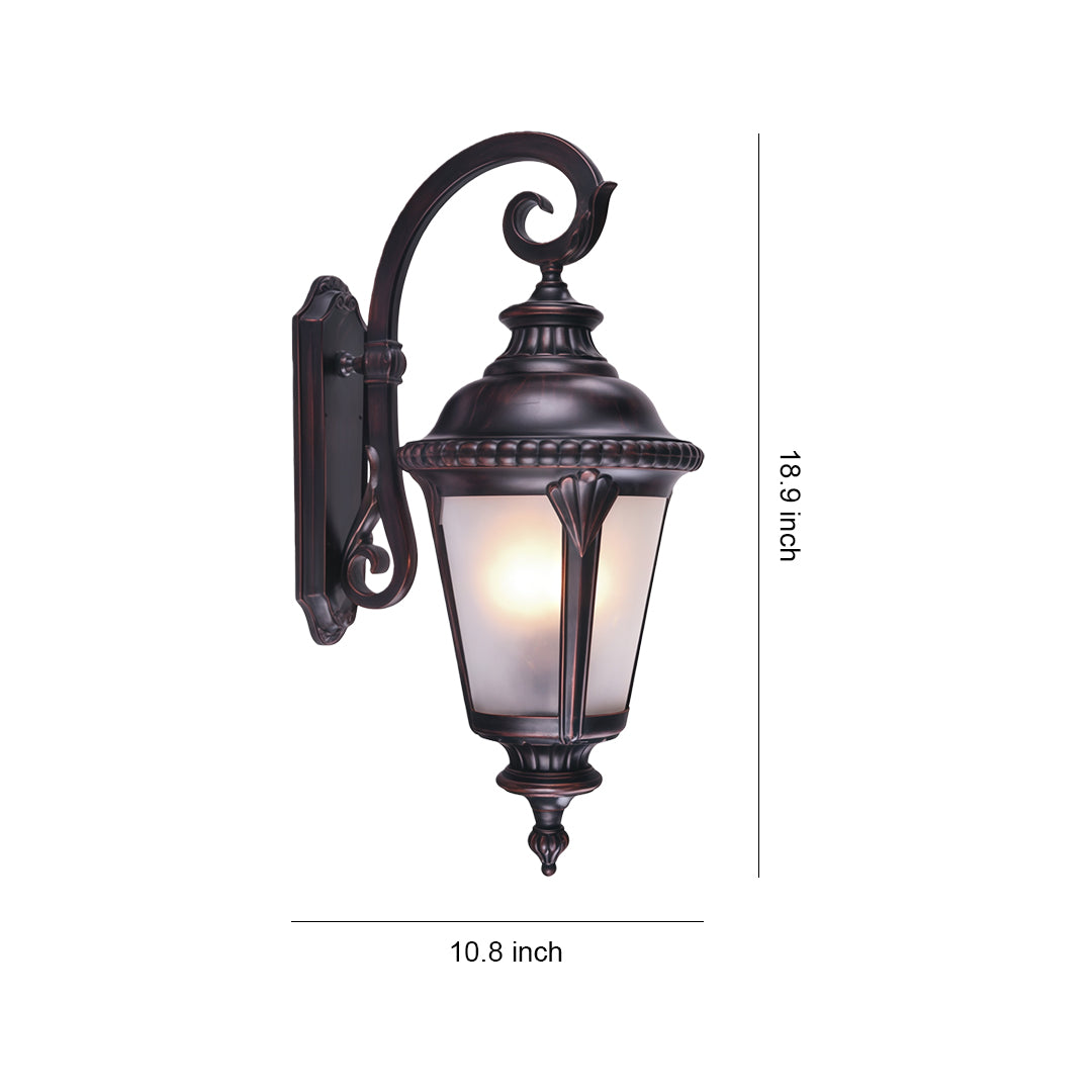 Vintage outdoor wall sconce with scrolled bracket and frosted glass in bronze finish, shown with dimensions