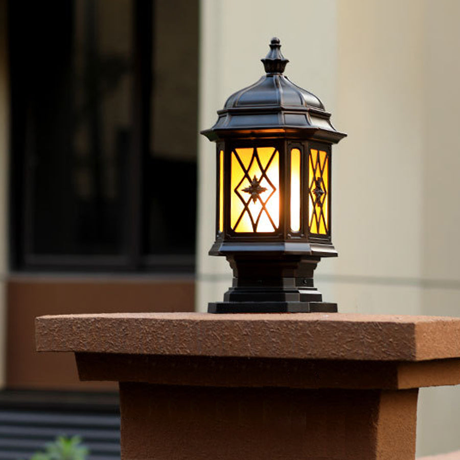 Vintage outside pillar lights with crosshatch glass pattern and ornate metal detailing for traditional outdoor lighting