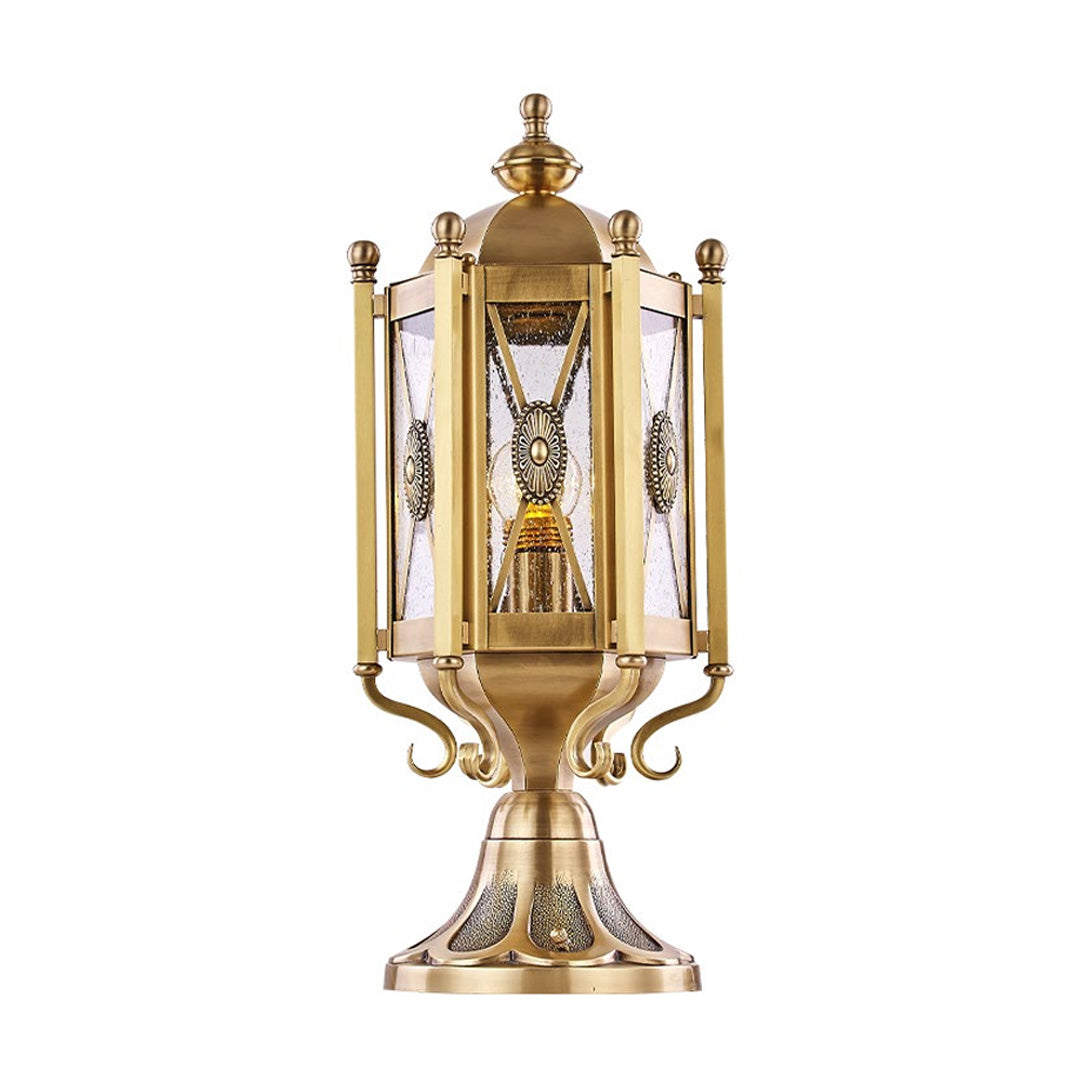 Vintage pillar lights featuring a detailed gold design, ideal for traditional and luxurious exteriors.