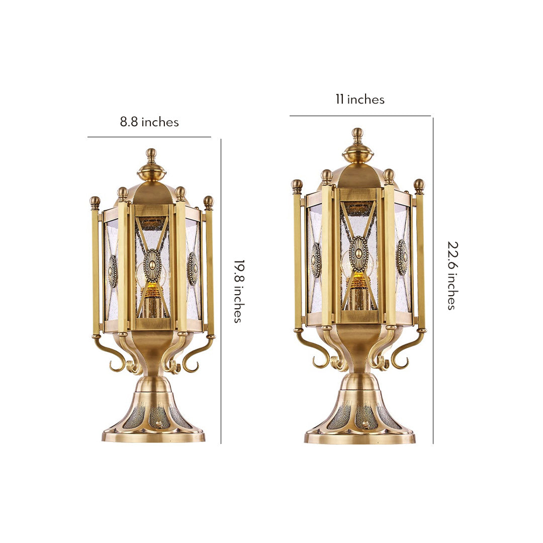 Technical diagram of ornate vintage pillar lights, showcasing their classic and intricate design details.