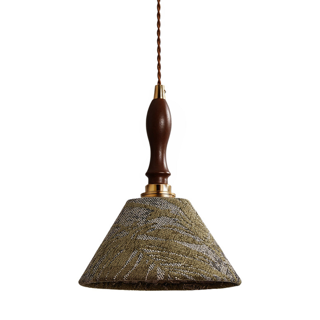 Vintage retro pendant lighting featuring bell-shaped pierced metal shade with ornate wooden accent in bronze tone