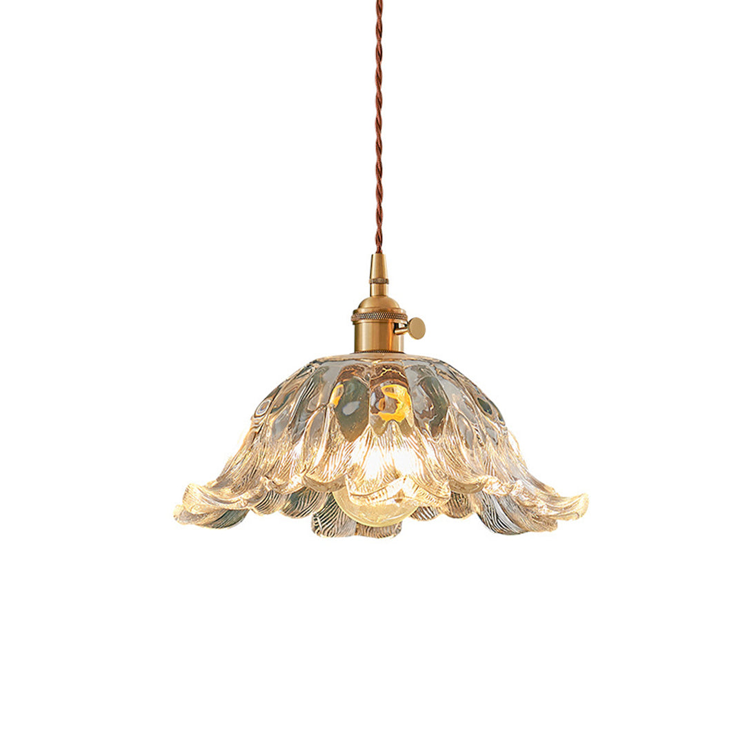 Vintage style flower pendant lighting featuring ruffled glass shade with warm Edison bulb glow.