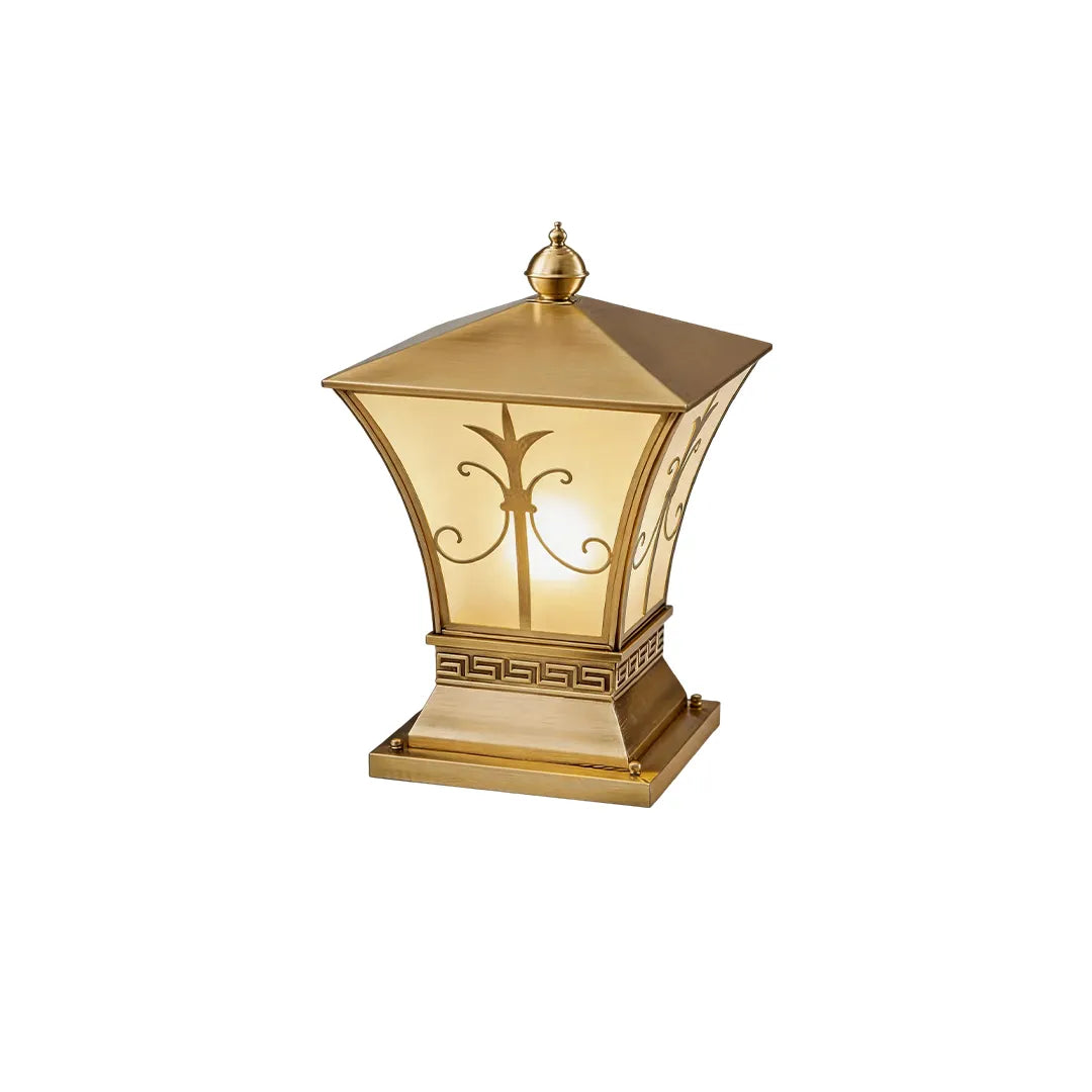 Vintage solar pillar lantern with antique brass frame and warm decorative lighting