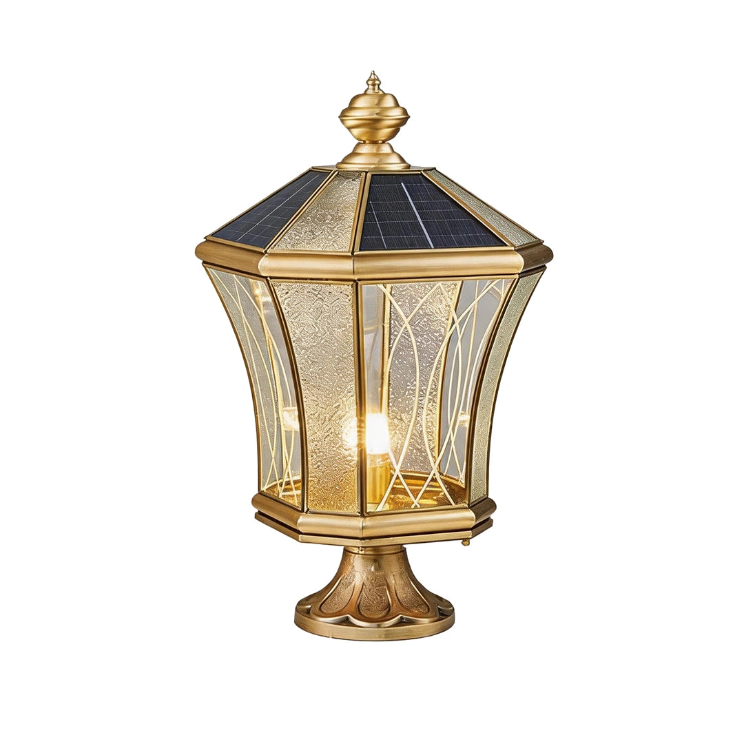 Vintage solar pillar lantern with brass frame and integrated rooftop solar panels